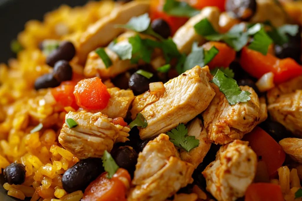 Chicken fajitas with Spanish rice and beans