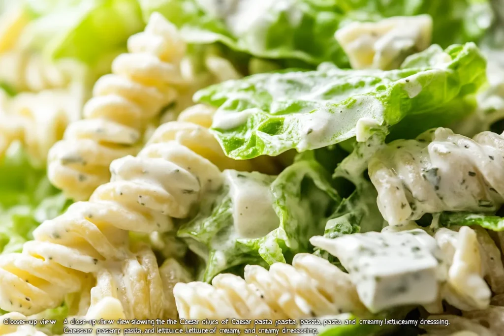 "Close-up Caesar pasta salad"