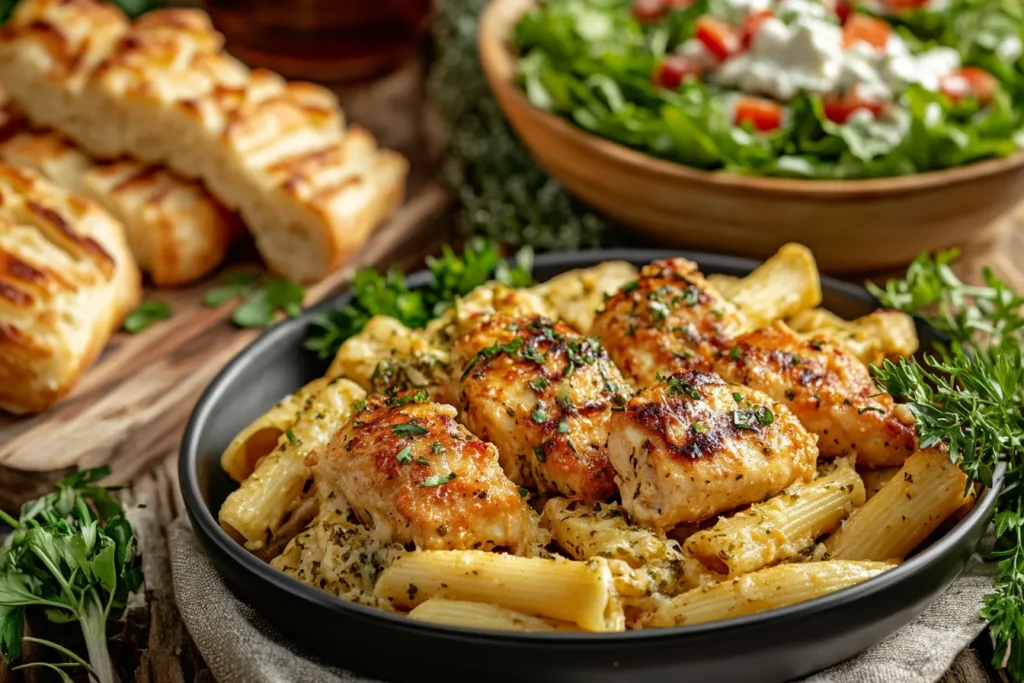 Pasta with sides of salad and bread