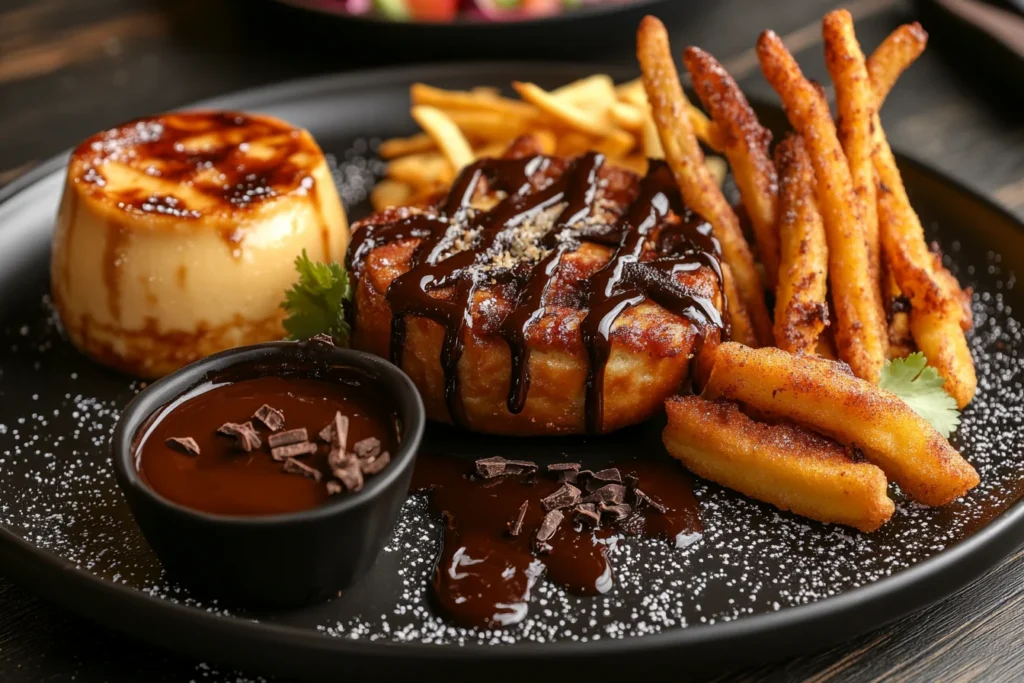 Churros with chocolate sauce and flan