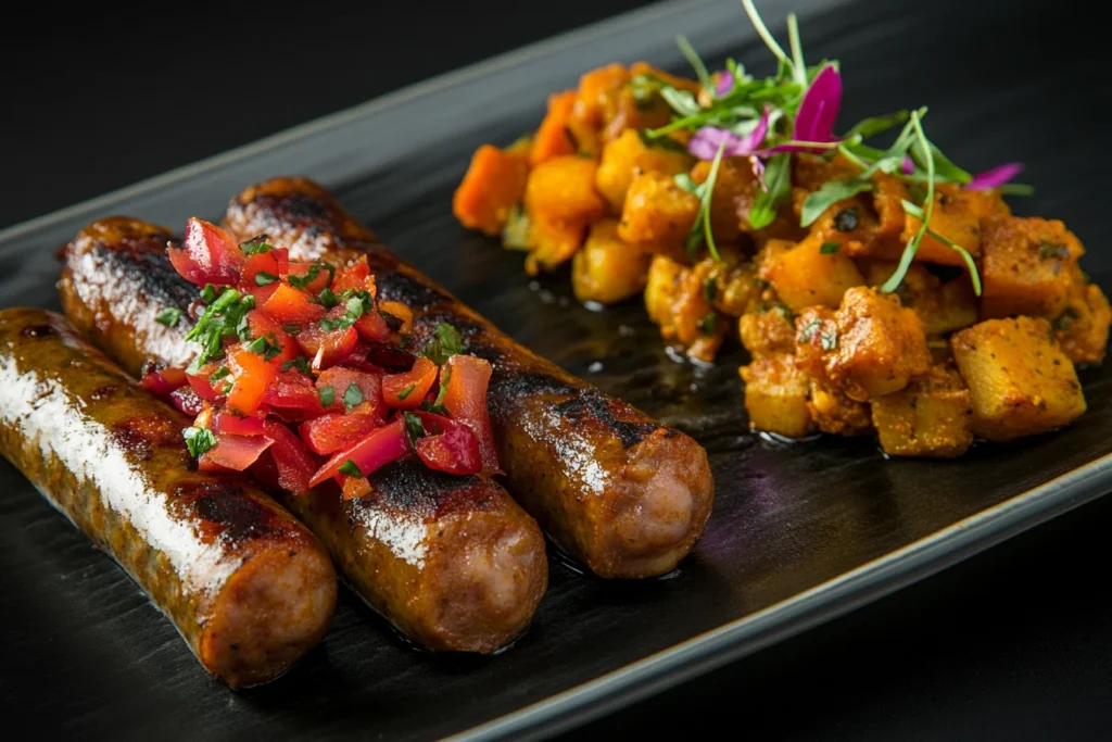 Devilled and curried sausages side by side
