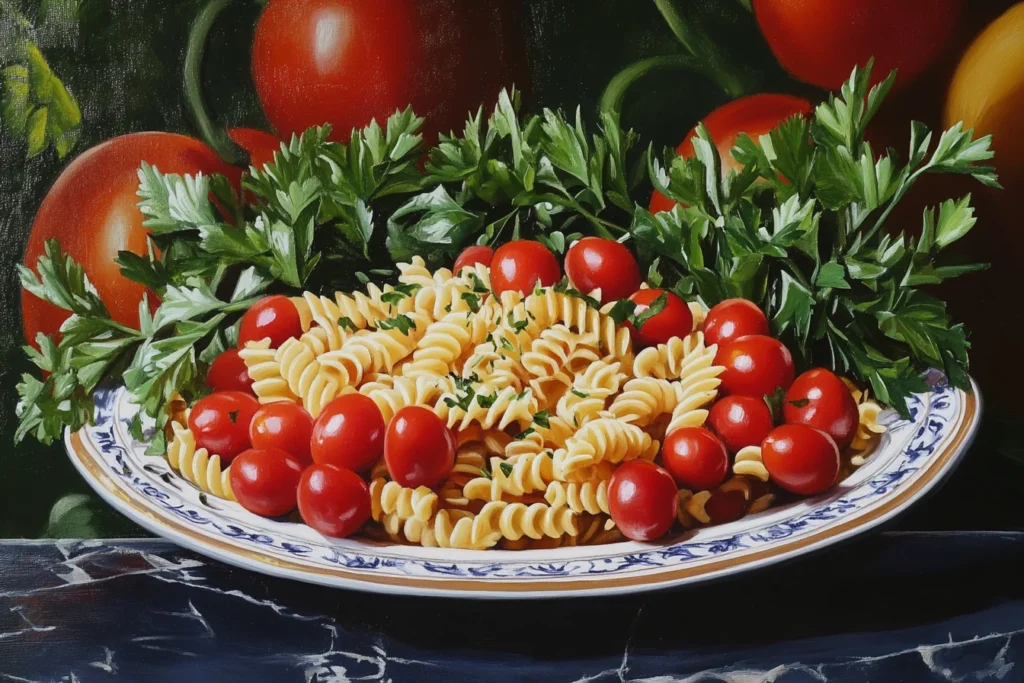 "Plated Caesar pasta salad"