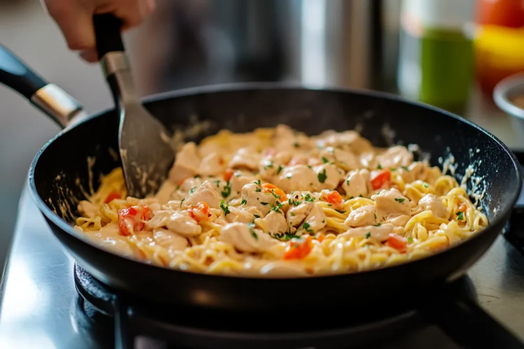 Pasta and sauce in skillet