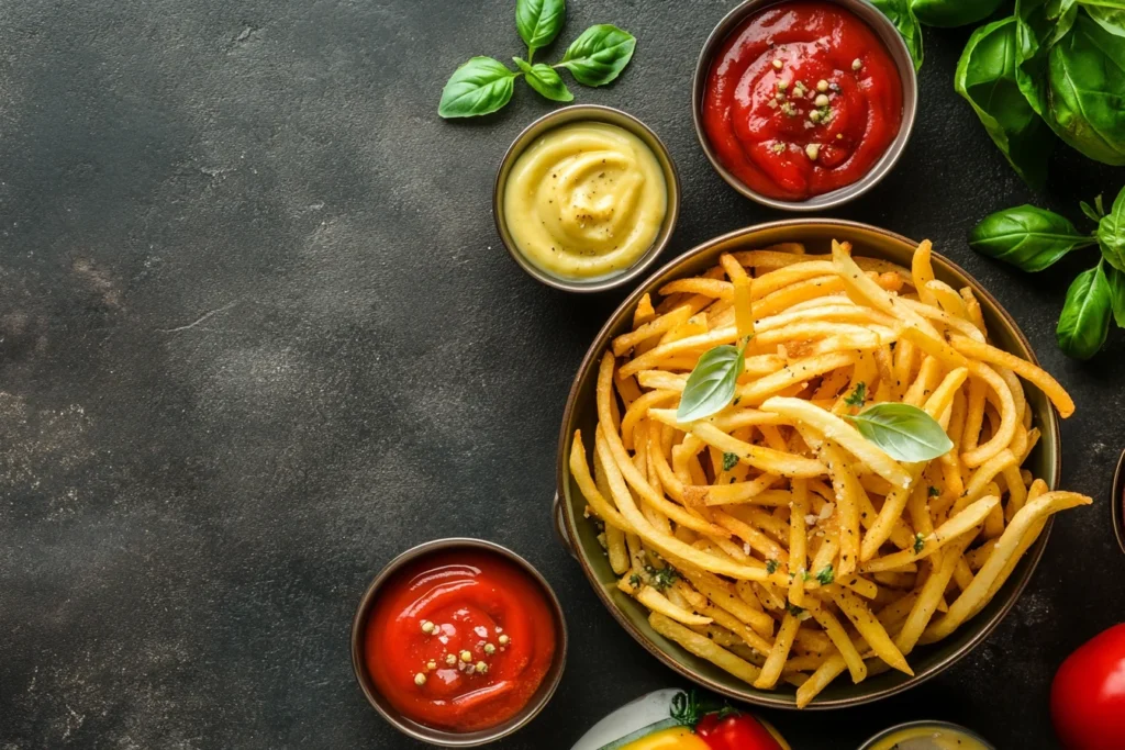 Serving crispy French fries with dips