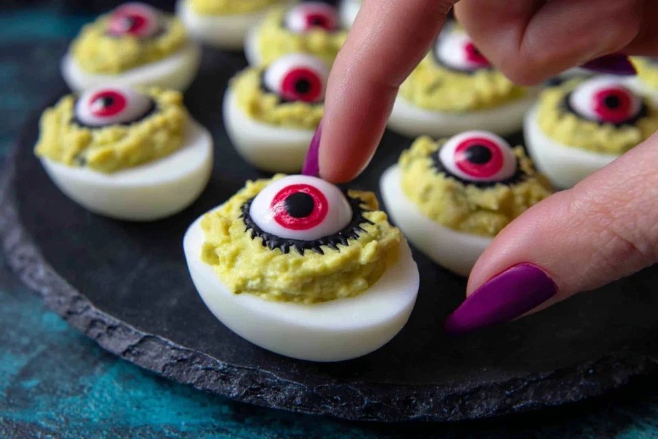 Easy Halloween Deviled Eggs with Pesto and Candy Eyes