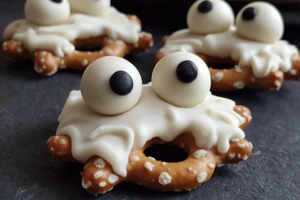 Easy Halloween Ghost Pretzels with White Chocolate Eyes