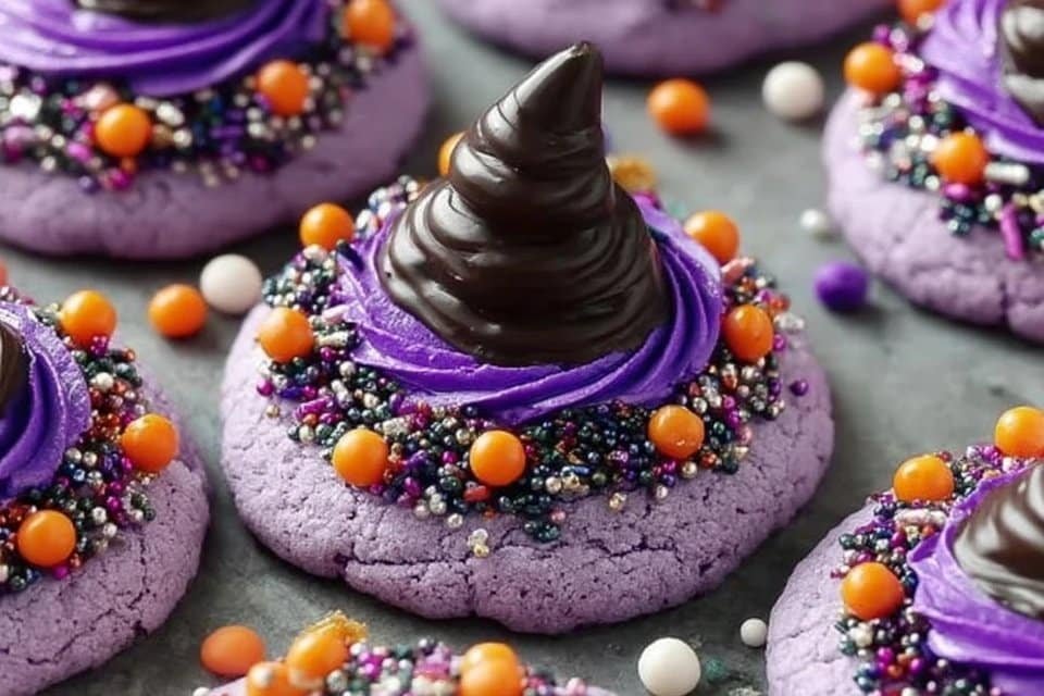 Easy Halloween Witch Hat Cookies with Purple Frosting