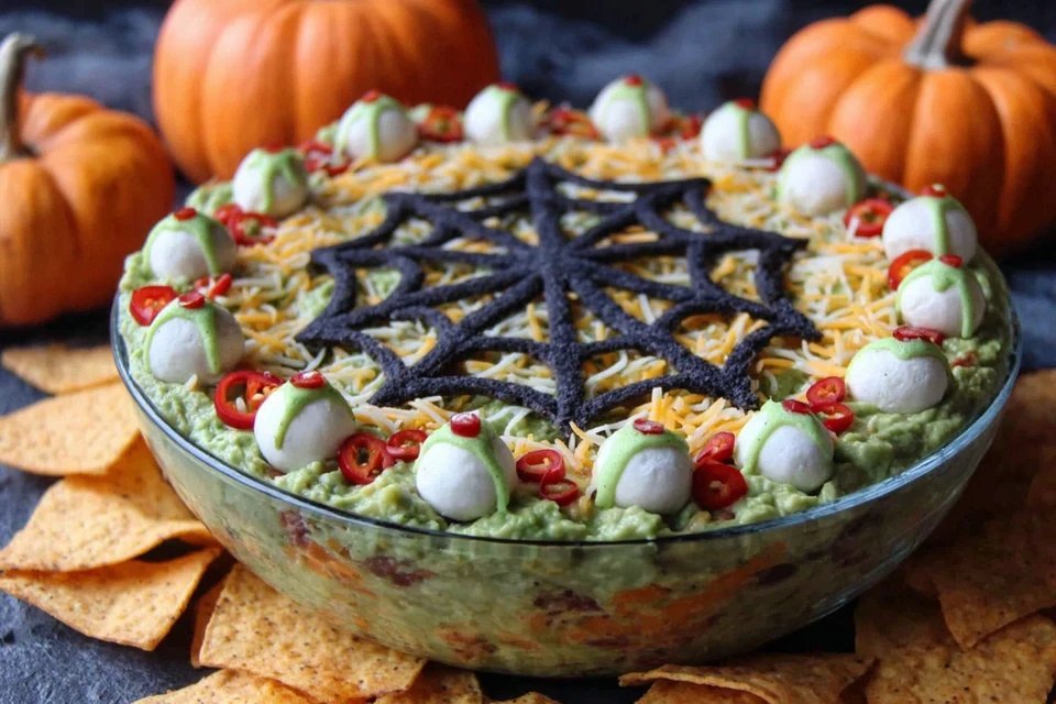 Easy Seven Layer Dip Recipe with Halloween Spider Web A Spooktacular Treat for Your Fall Gatherings