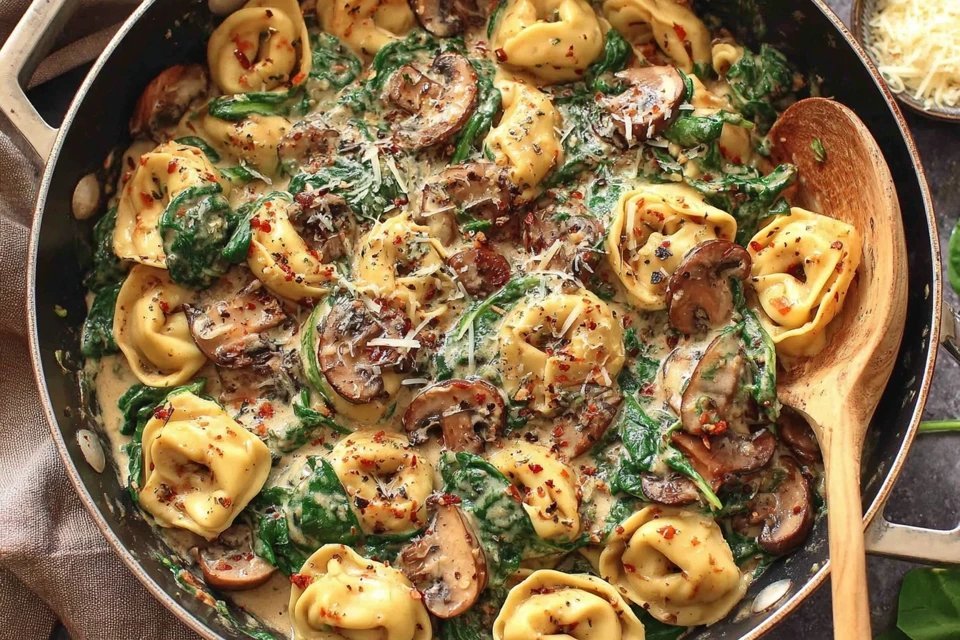 Creamy Spinach Mushroom Tortellini with Caramelized Onions