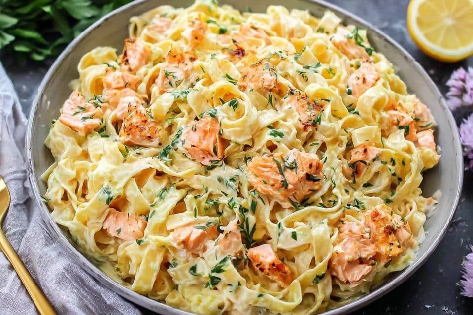 Creamy Salmon Pasta with Fresh Mixed Greens