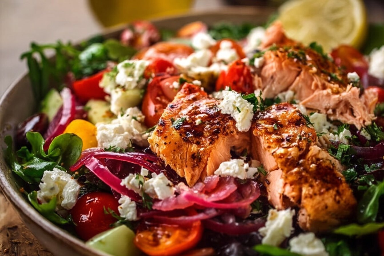 Mediterranean Salmon Salad with Feta & Veggies