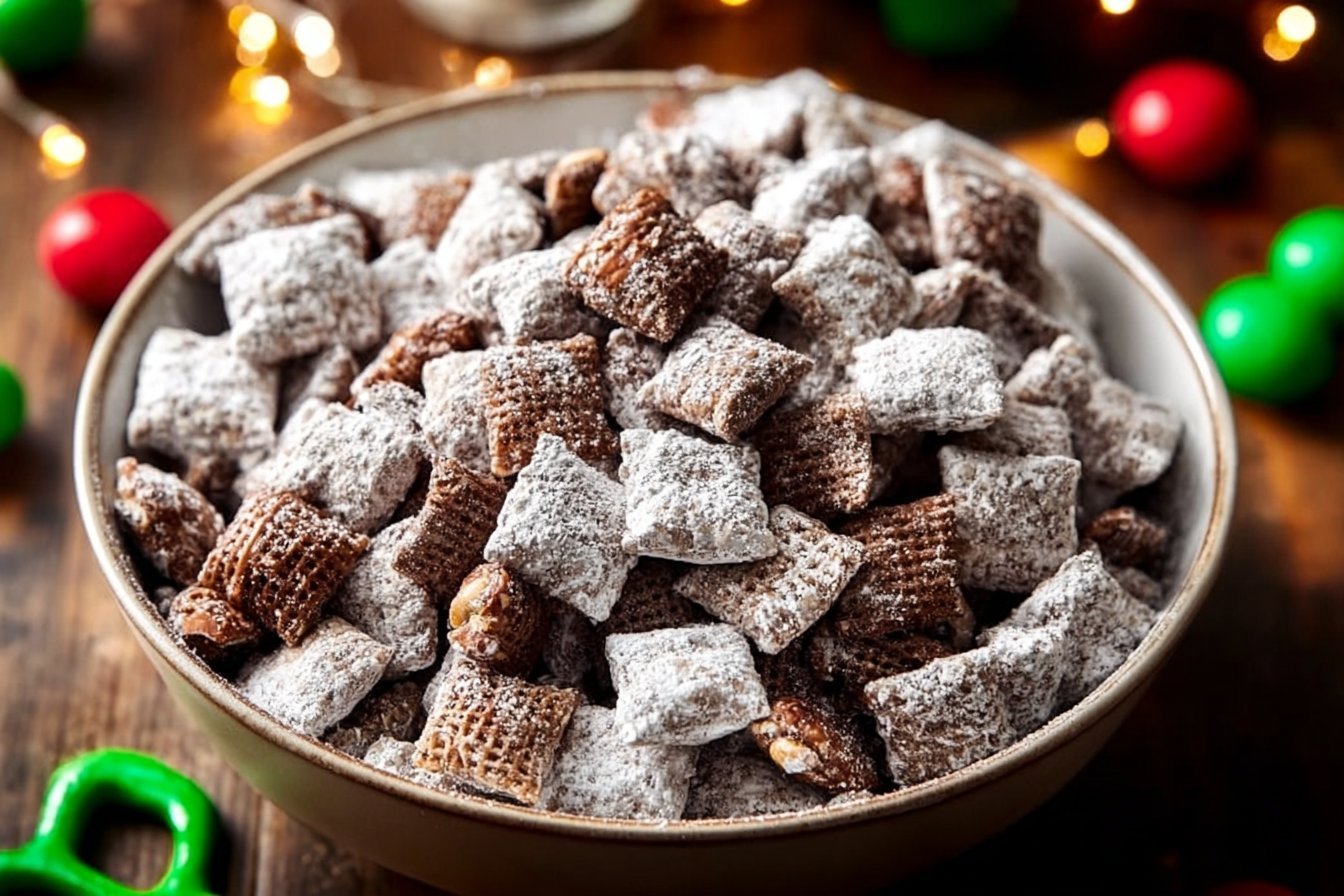Easy Chocolate Peanut Butter Christmas Puppy Chow Snack