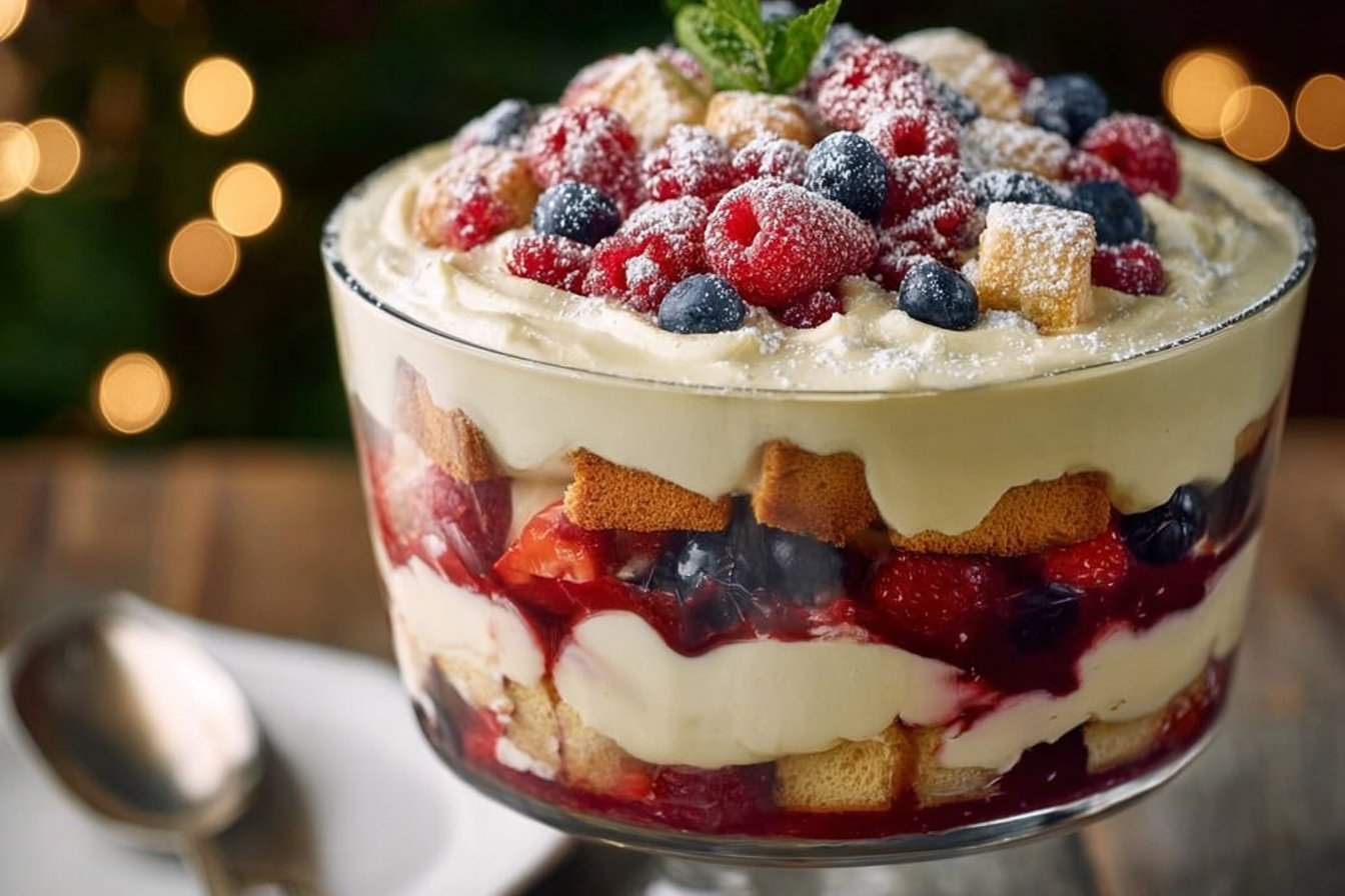 Festive Holiday Berry Trifle with White Chocolate Custard