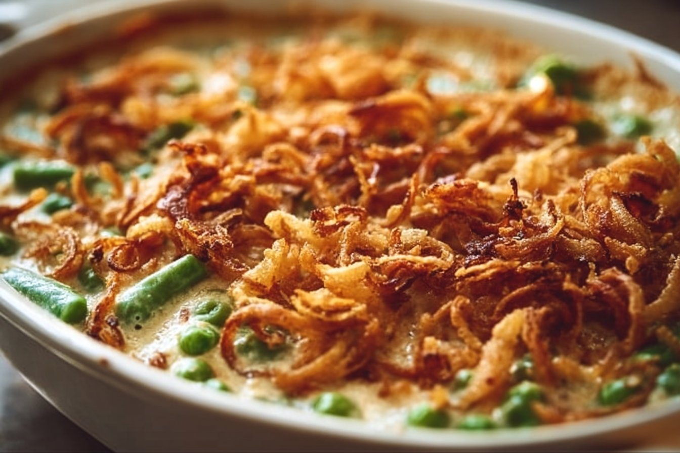 Creamed Sweet Pea Casserole with Crispy Onion Topping