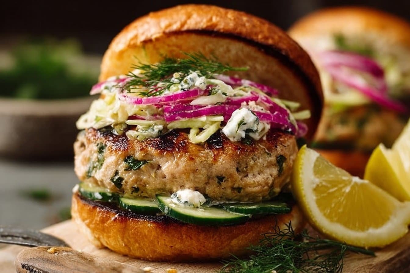 Lemon Dill Turkey Burgers with Greek Slaw