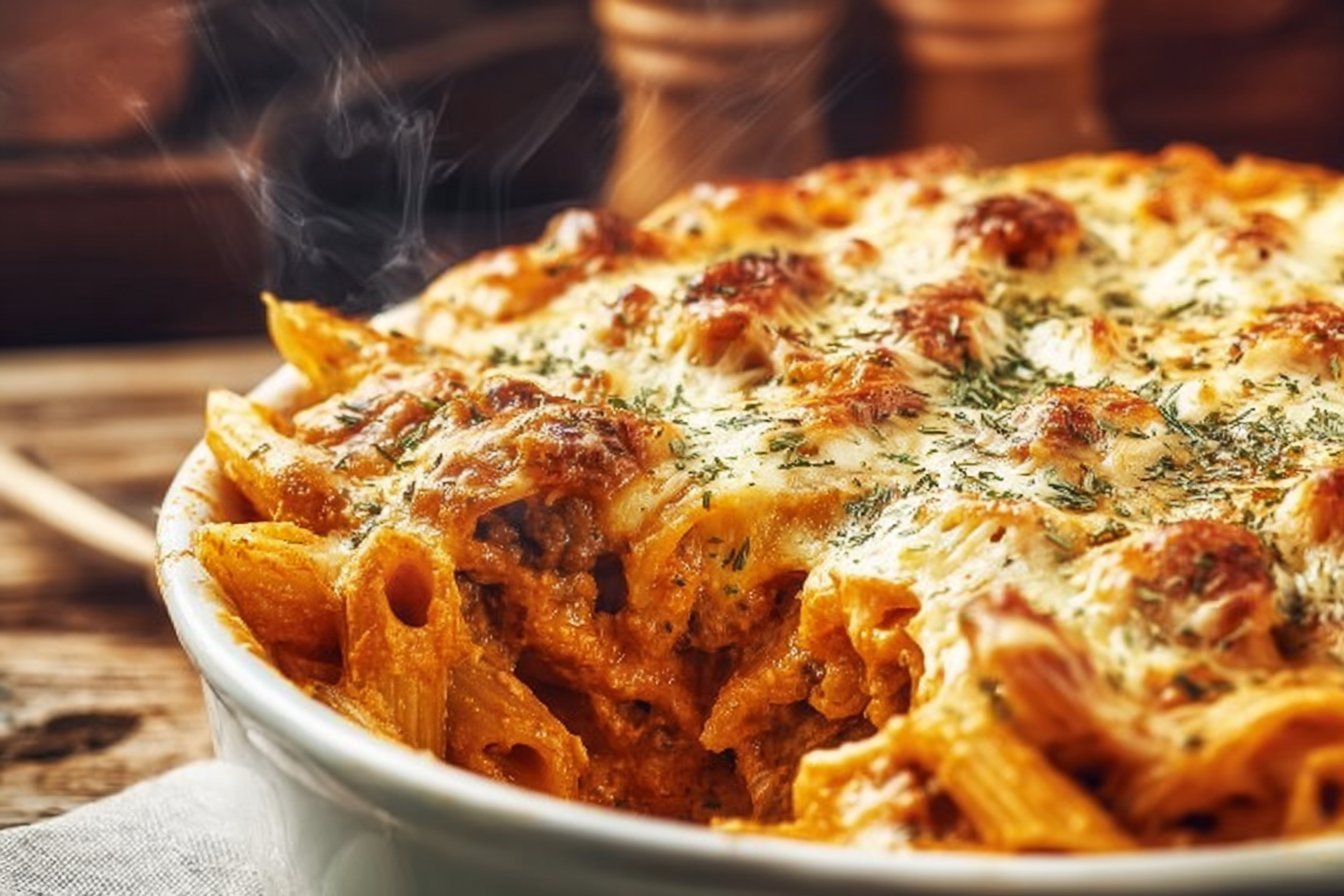 Creamy Baked Penne Pasta with Ground Beef and Italian Herbs