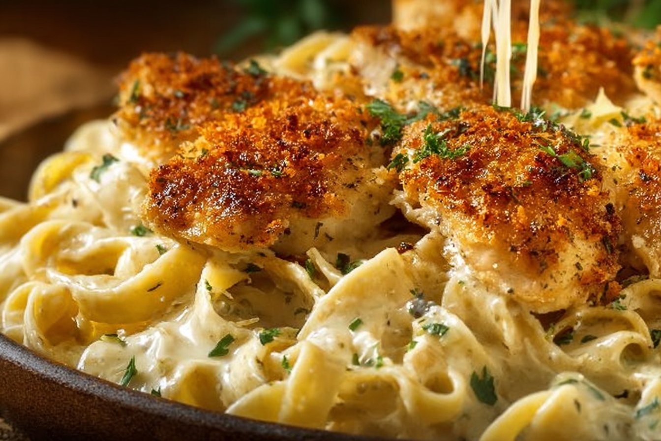 Creamy Chicken Alfredo Pasta with Crispy Parmesan Chicken