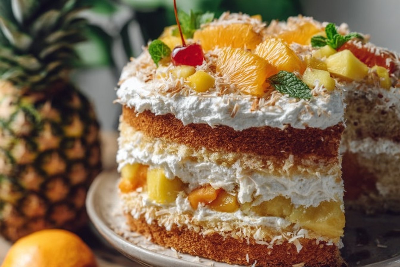 Ultimate Million Dollar Cake with Tropical Fruit & Cream