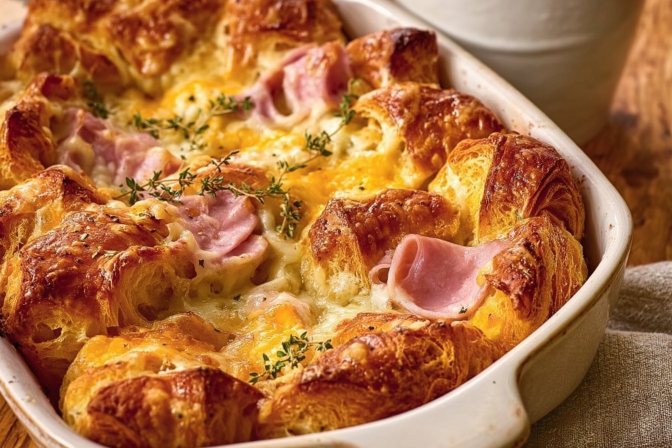 Savory Croissant Bake with Ham and Swiss Cheese