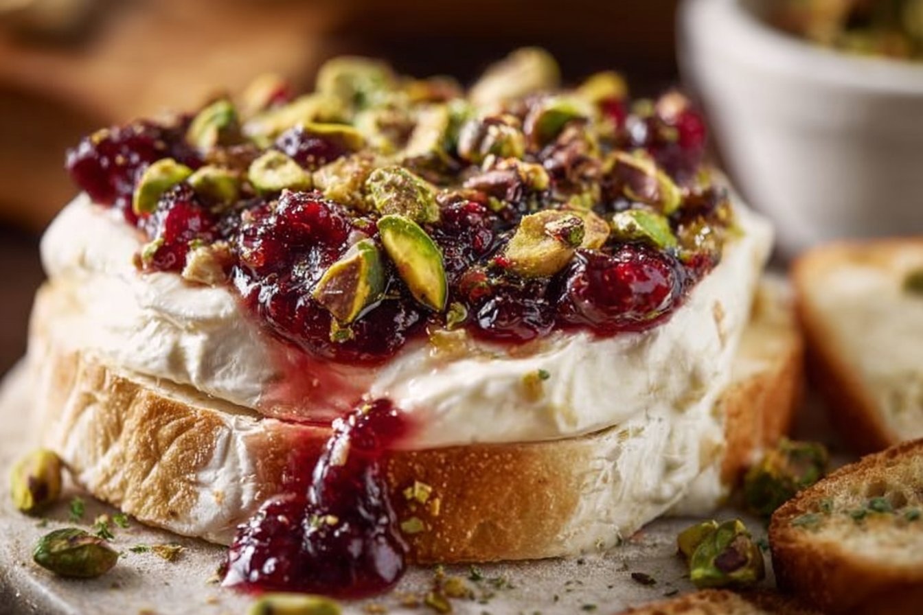 Creamy Whipped Brie with Cranberry Sauce and Pistachios