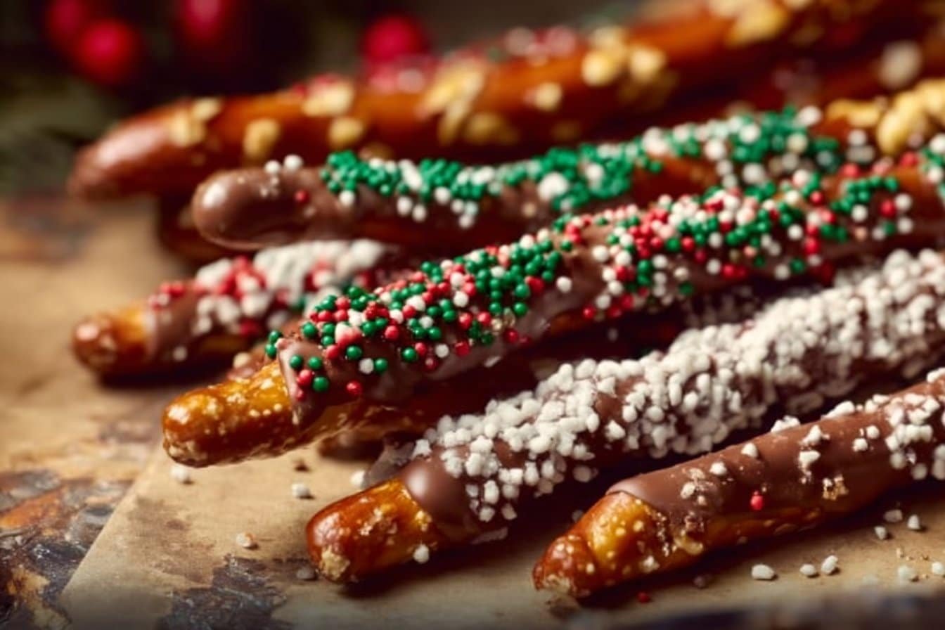 Easy Christmas Pretzel Rods with Candy Coating and Sprinkles